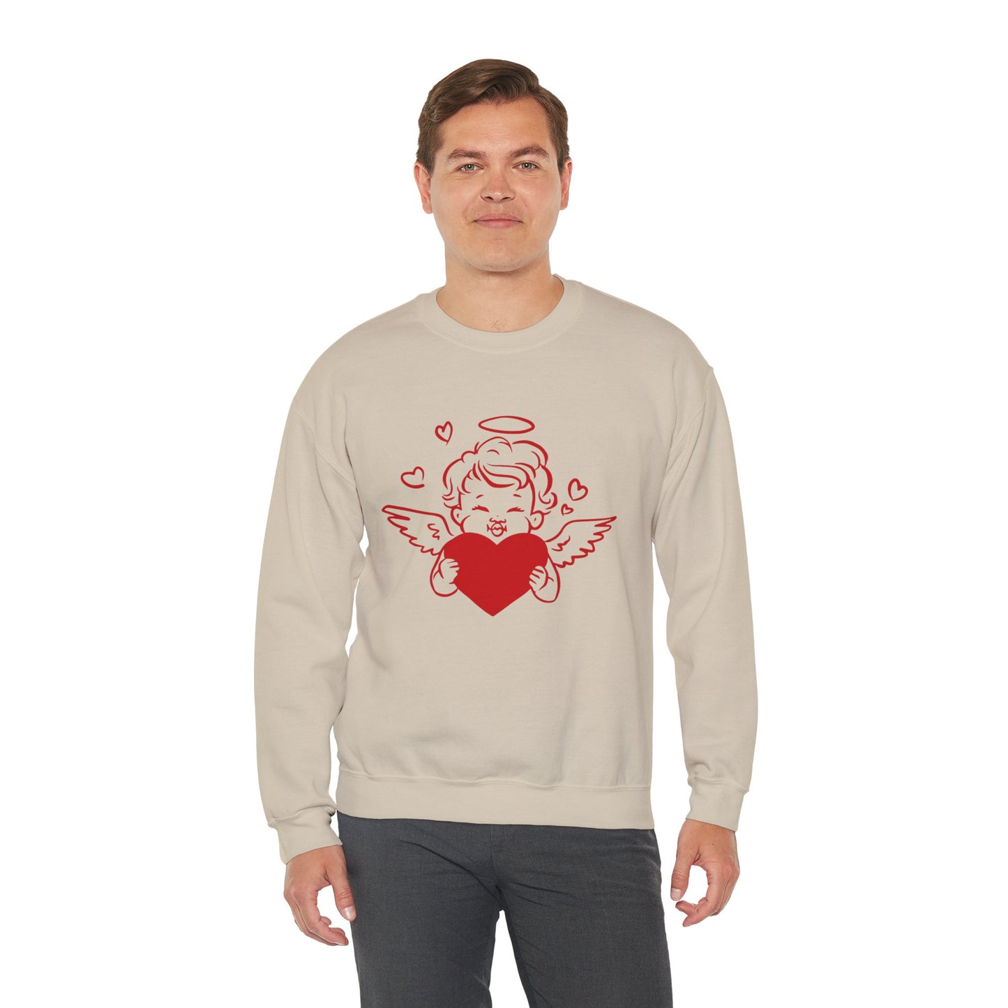 Cupid Cherub Heart Crewneck Sweatshirt — Cute Angel Holding Red Heart Valentine Pullover