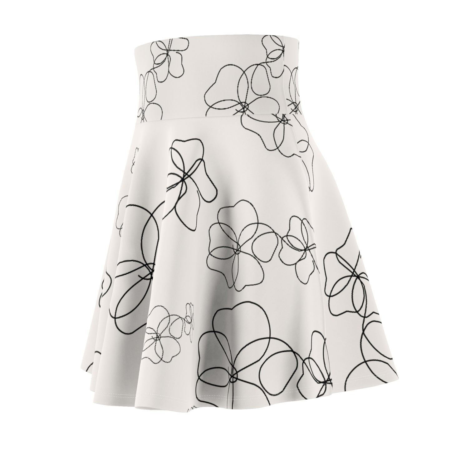 Minimalist Floral Line Art Skater Skirt | Black & White High-Waist Women’s Skirt