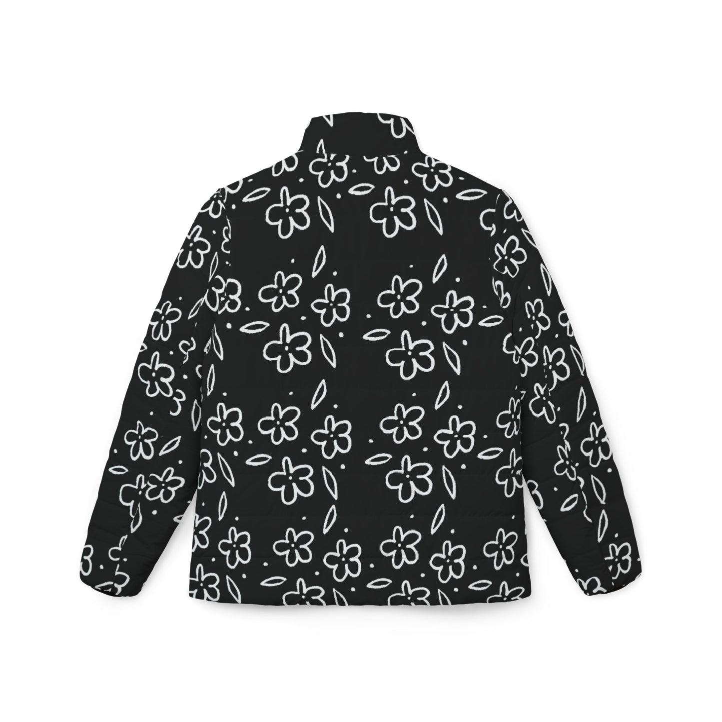 Floral Doodle Puffer Jacket — Women's Black All-Over Print