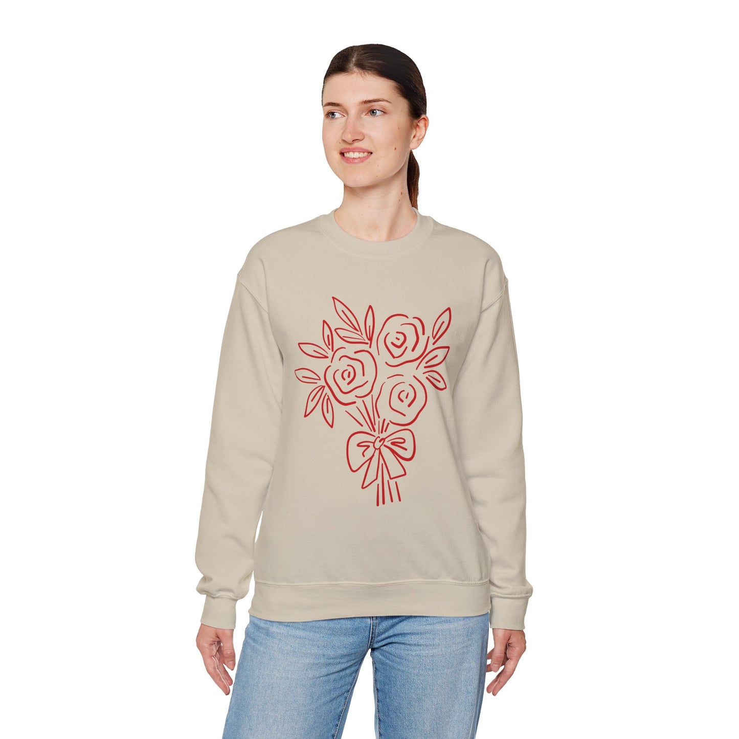 Crewneck Sweatshirt • Pink Line Art Rose Bouquet Pullover