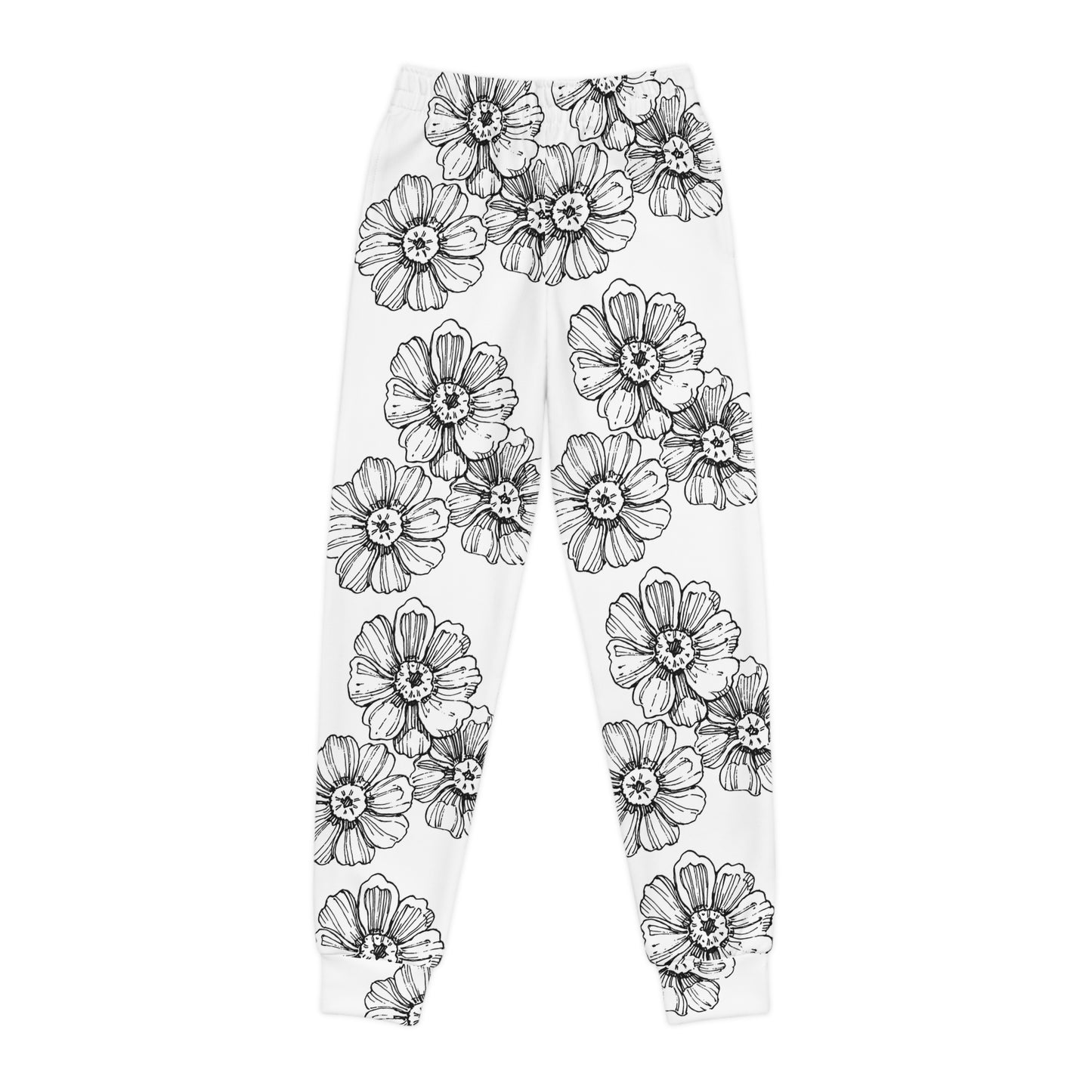 Youth Floral Joggers – Black & White Sketch Flower Minimalist Kids Pants