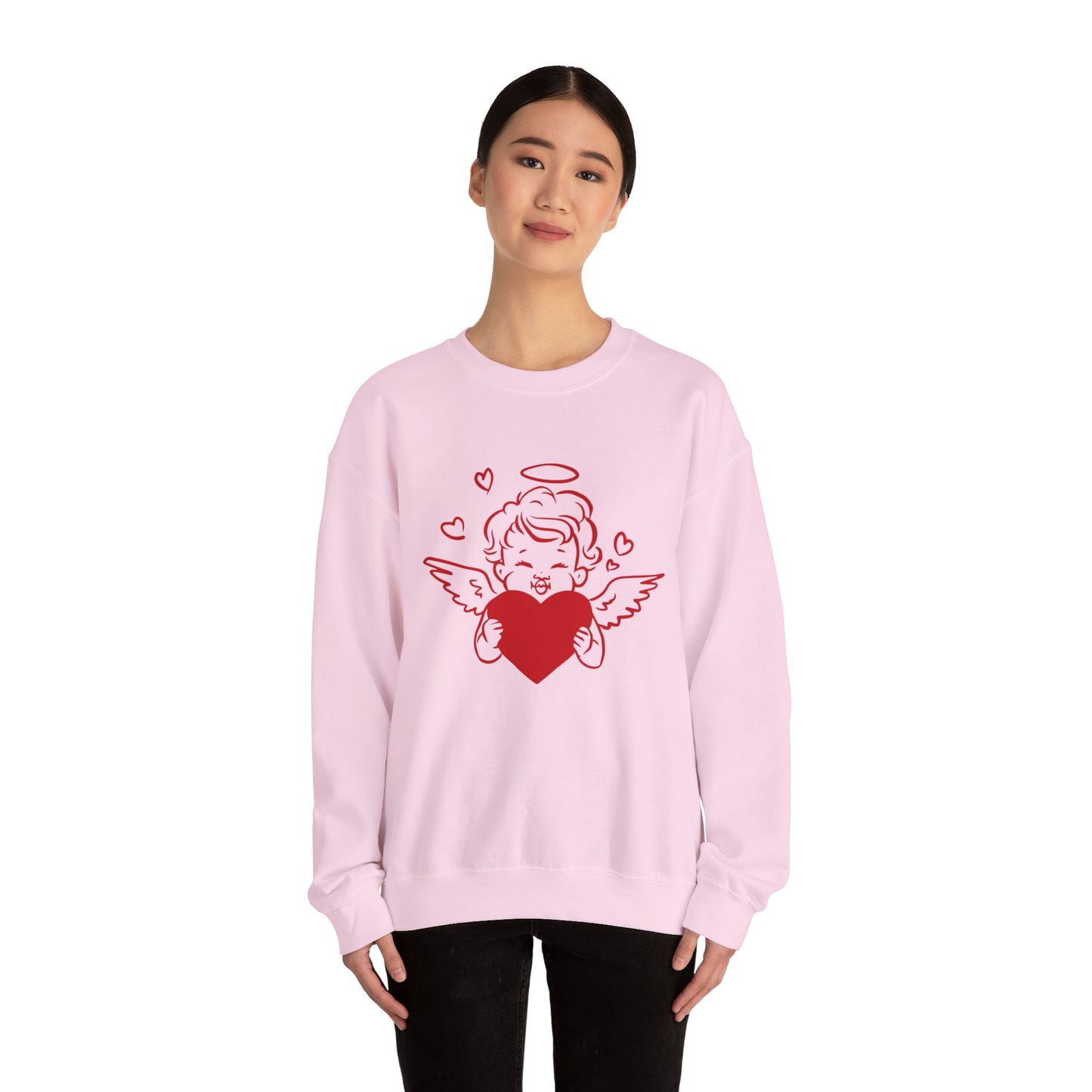 Cupid Cherub Heart Crewneck Sweatshirt — Cute Angel Holding Red Heart Valentine Pullover