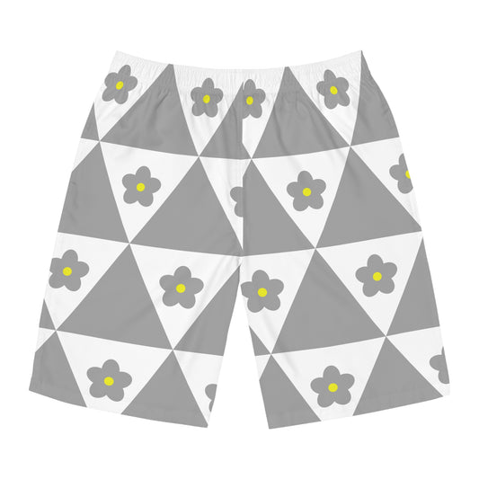 Floral Geo Board Shorts — Grey Triangle & Daisy Swim Trunks