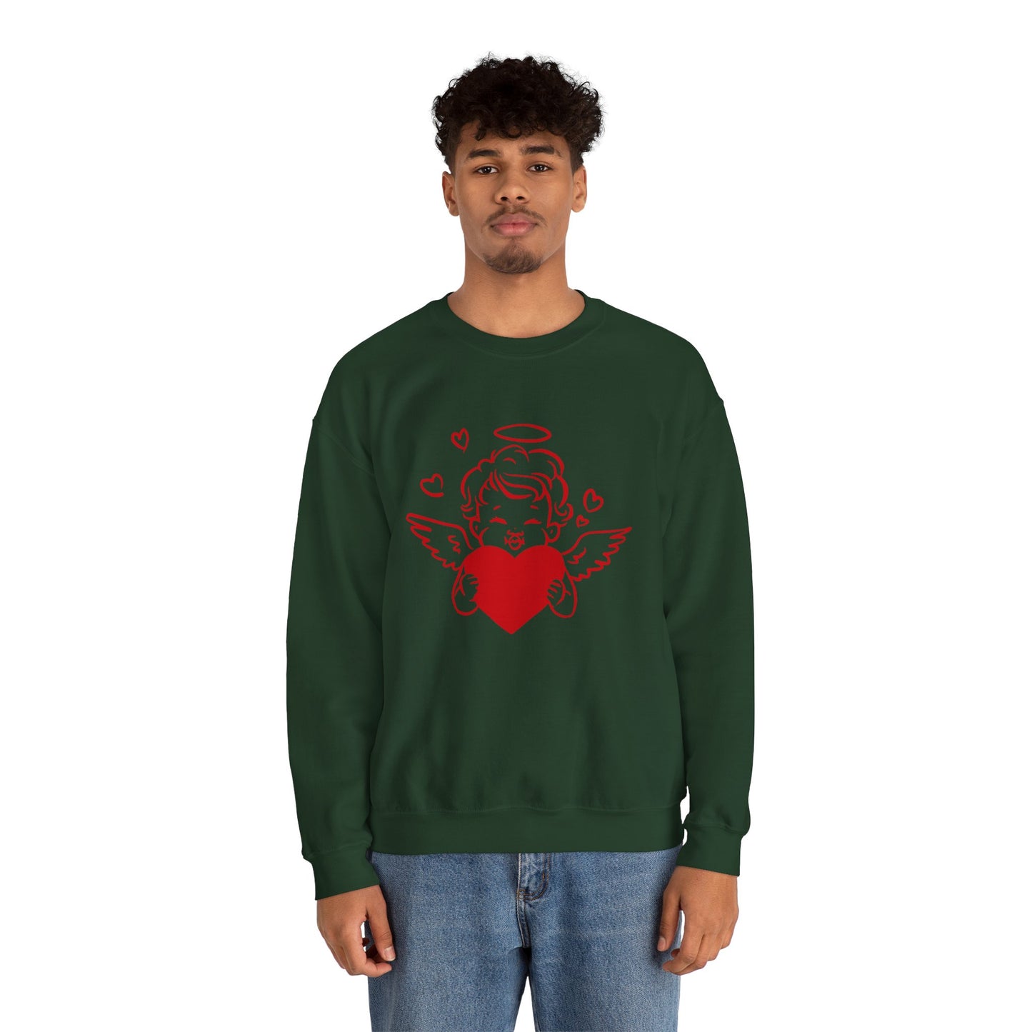 Cupid Cherub Heart Crewneck Sweatshirt — Cute Angel Holding Red Heart Valentine Pullover