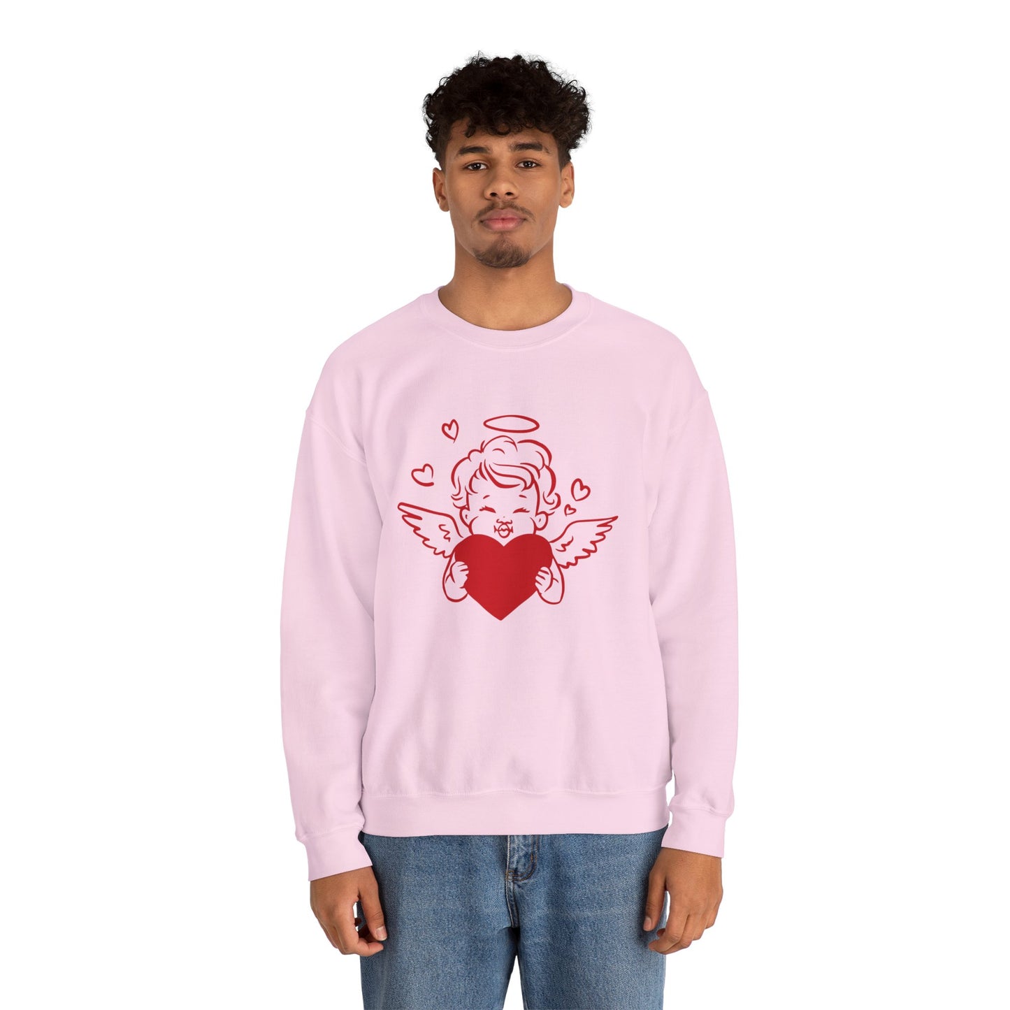 Cupid Cherub Heart Crewneck Sweatshirt — Cute Angel Holding Red Heart Valentine Pullover