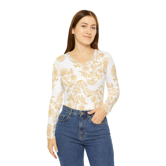 Floral V-Neck Long Sleeve Shirt — Golden Botanical All-Over Print
