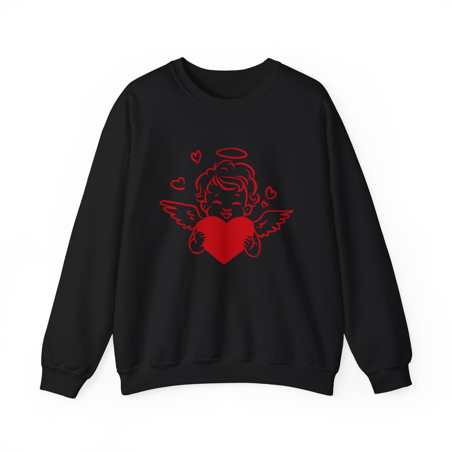 Cupid Cherub Heart Crewneck Sweatshirt — Cute Angel Holding Red Heart Valentine Pullover
