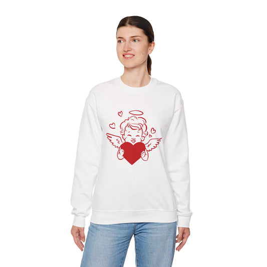 Cupid Cherub Heart Crewneck Sweatshirt — Cute Angel Holding Red Heart Valentine Pullover