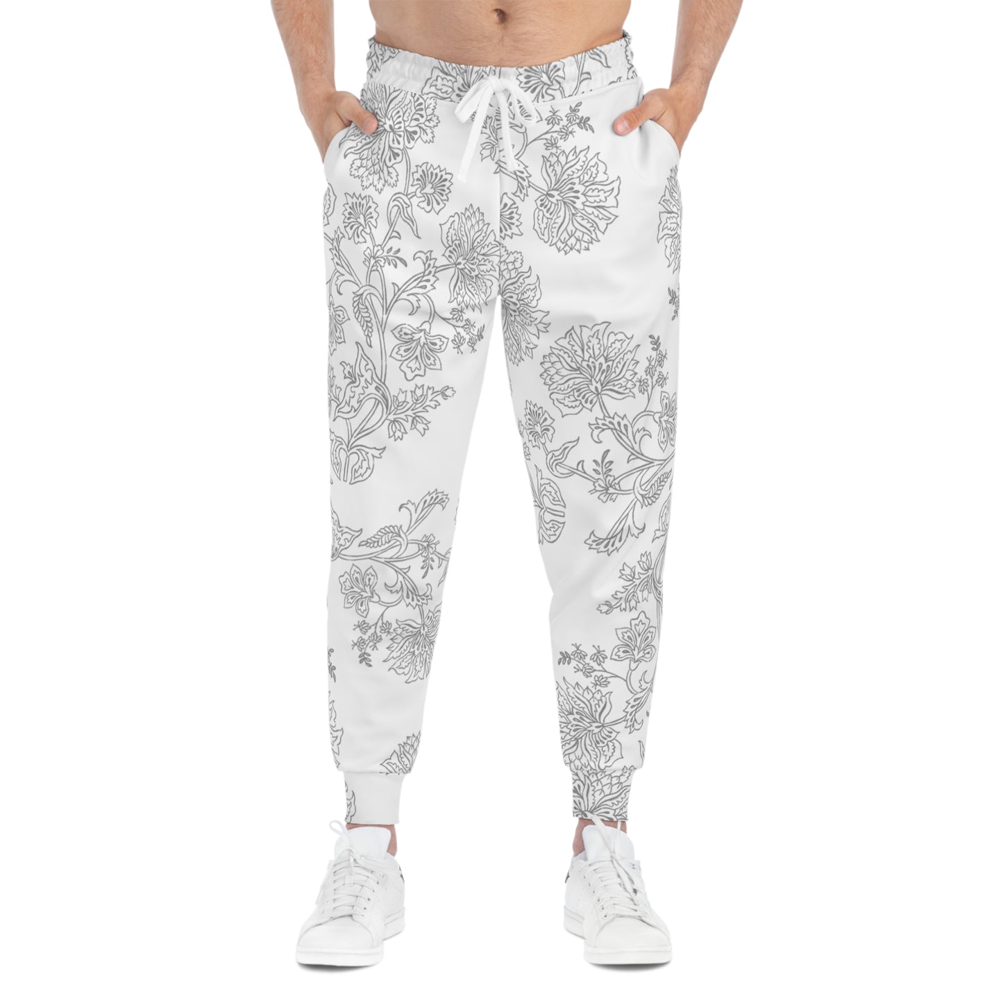 Floral Lace Pattern Joggers — White & Grey All-Over Print Athletic Sweatpants