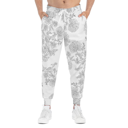 Floral Lace Pattern Joggers — White & Grey All-Over Print Athletic Sweatpants