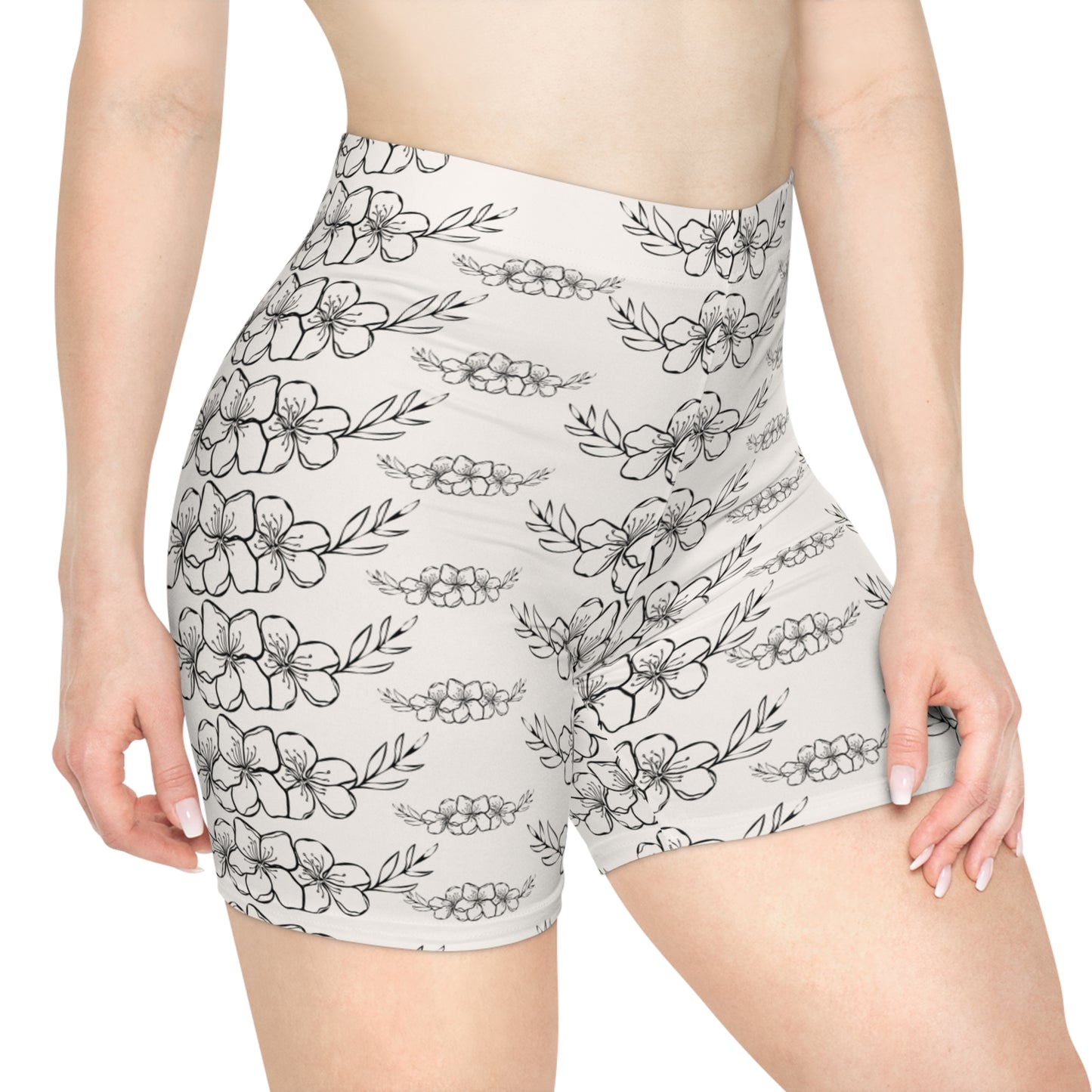 Floral Sketch Biker Shorts — Monochrome Hand-Drawn Flower Print