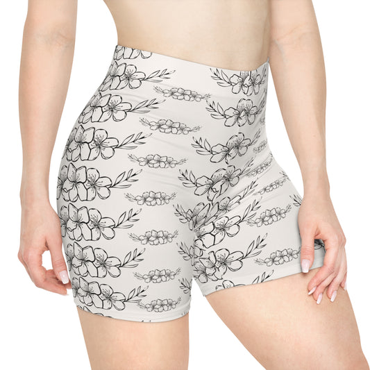 Floral Sketch Biker Shorts — Monochrome Hand-Drawn Flower Print