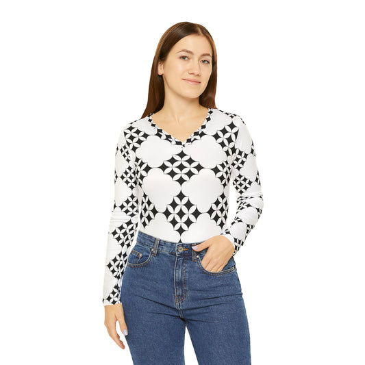 Women's V-Neck Long Sleeve Top — Black & White Geometric Tile Pattern