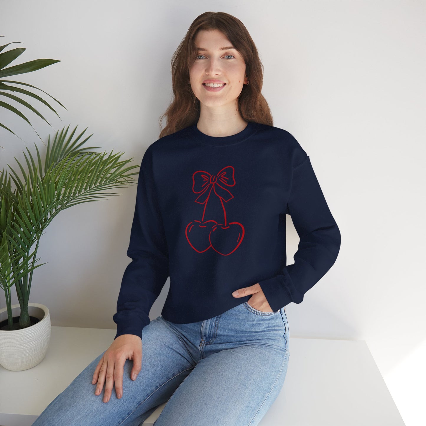 Cherry Bow Sweatshirt — Cute Minimalist Pink Cherry Crewneck