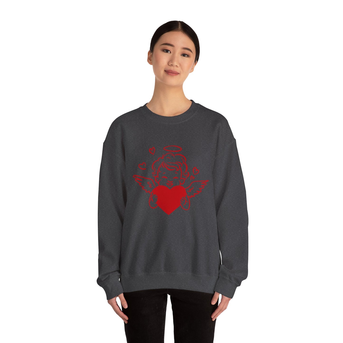 Cupid Cherub Heart Crewneck Sweatshirt — Cute Angel Holding Red Heart Valentine Pullover