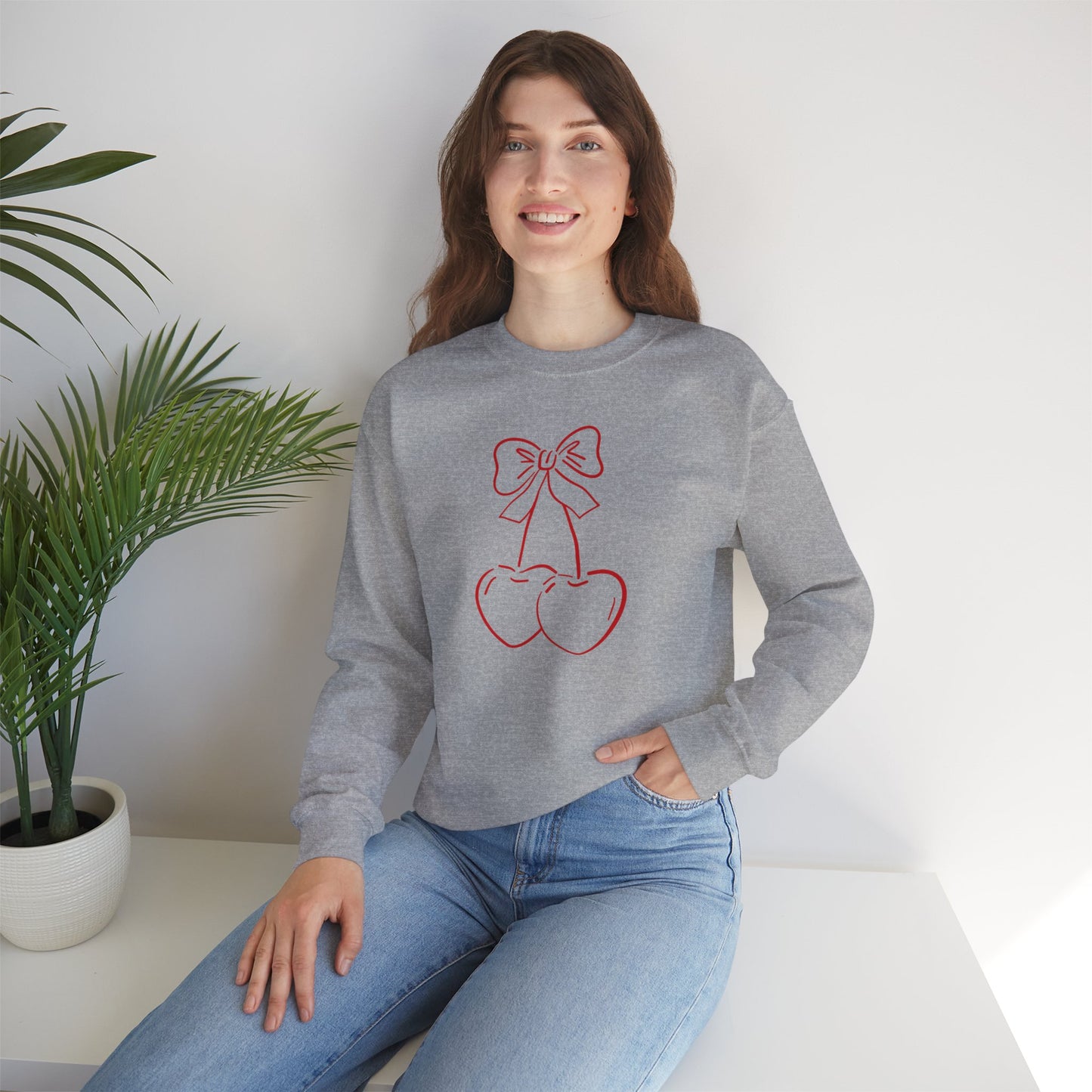 Cherry Bow Sweatshirt — Cute Minimalist Pink Cherry Crewneck
