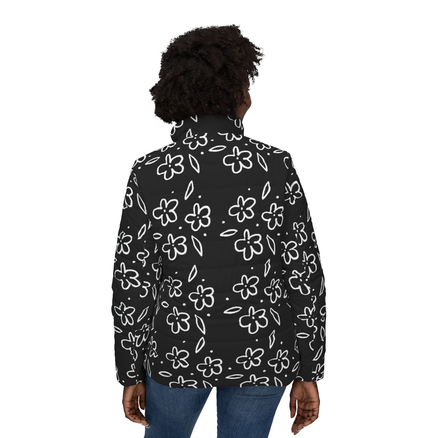 Floral Doodle Puffer Jacket — Women's Black All-Over Print