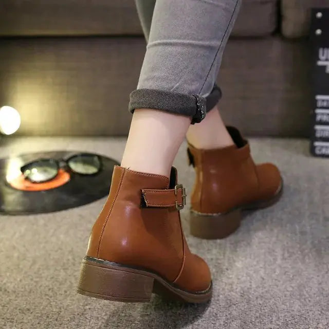 Chunky Heel Martin Boots - Low Heel Ankle Booties