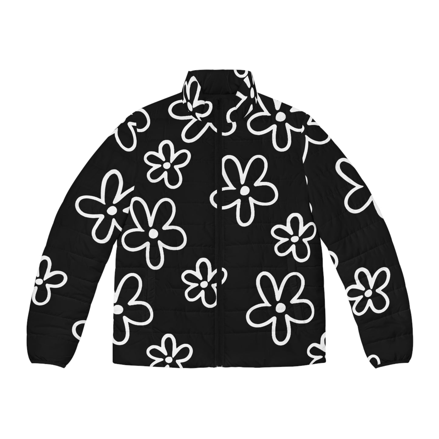 Doodle Floral Puffer Jacket — Black & White Retro Flower Coat