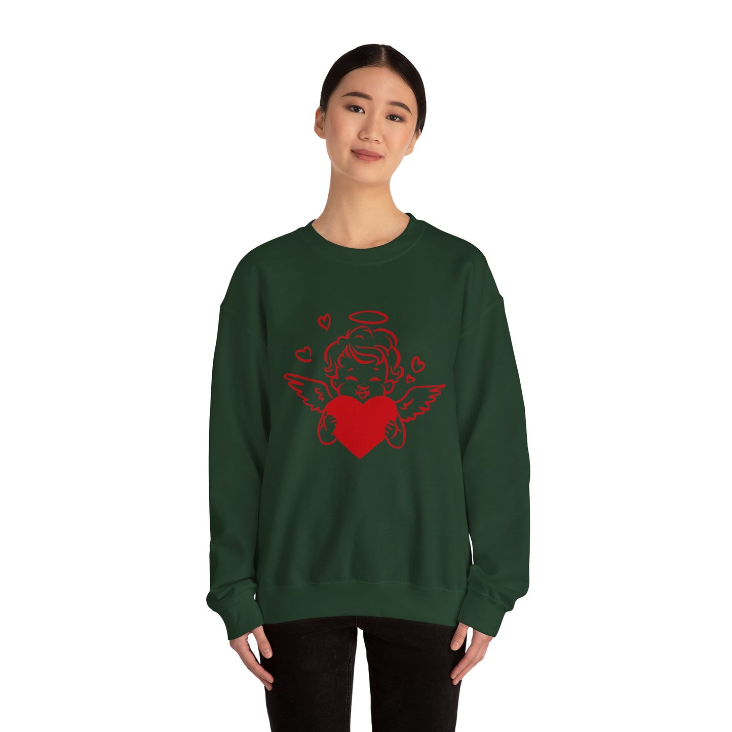 Cupid Cherub Heart Crewneck Sweatshirt — Cute Angel Holding Red Heart Valentine Pullover