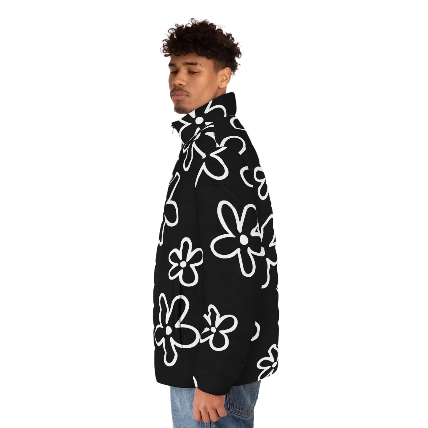 Doodle Floral Puffer Jacket — Black & White Retro Flower Coat