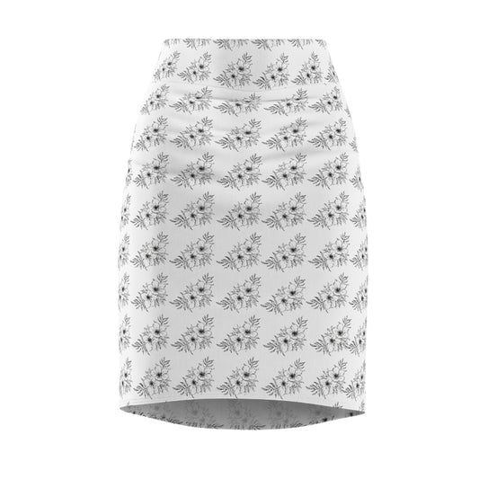 Floral Watercolor Pencil Skirt | Minimalist Gray Botanical Mid-Waist Skirt