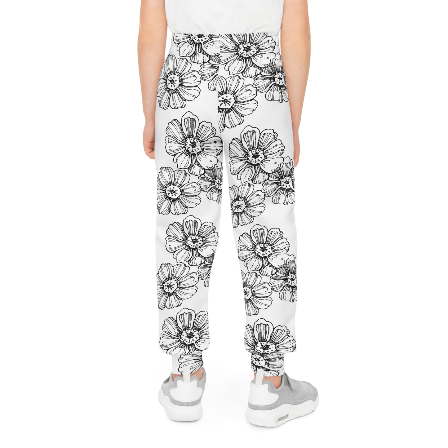 Youth Floral Joggers – Black & White Sketch Flower Minimalist Kids Pants