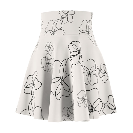 Minimalist Floral Line Art Skater Skirt | Black & White High-Waist Women’s Skirt
