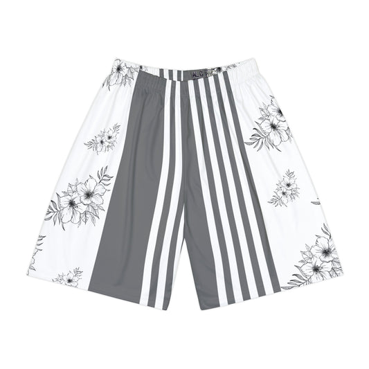 Men’s Athletic Shorts — Monochrome Floral & Stripes All-Over Print