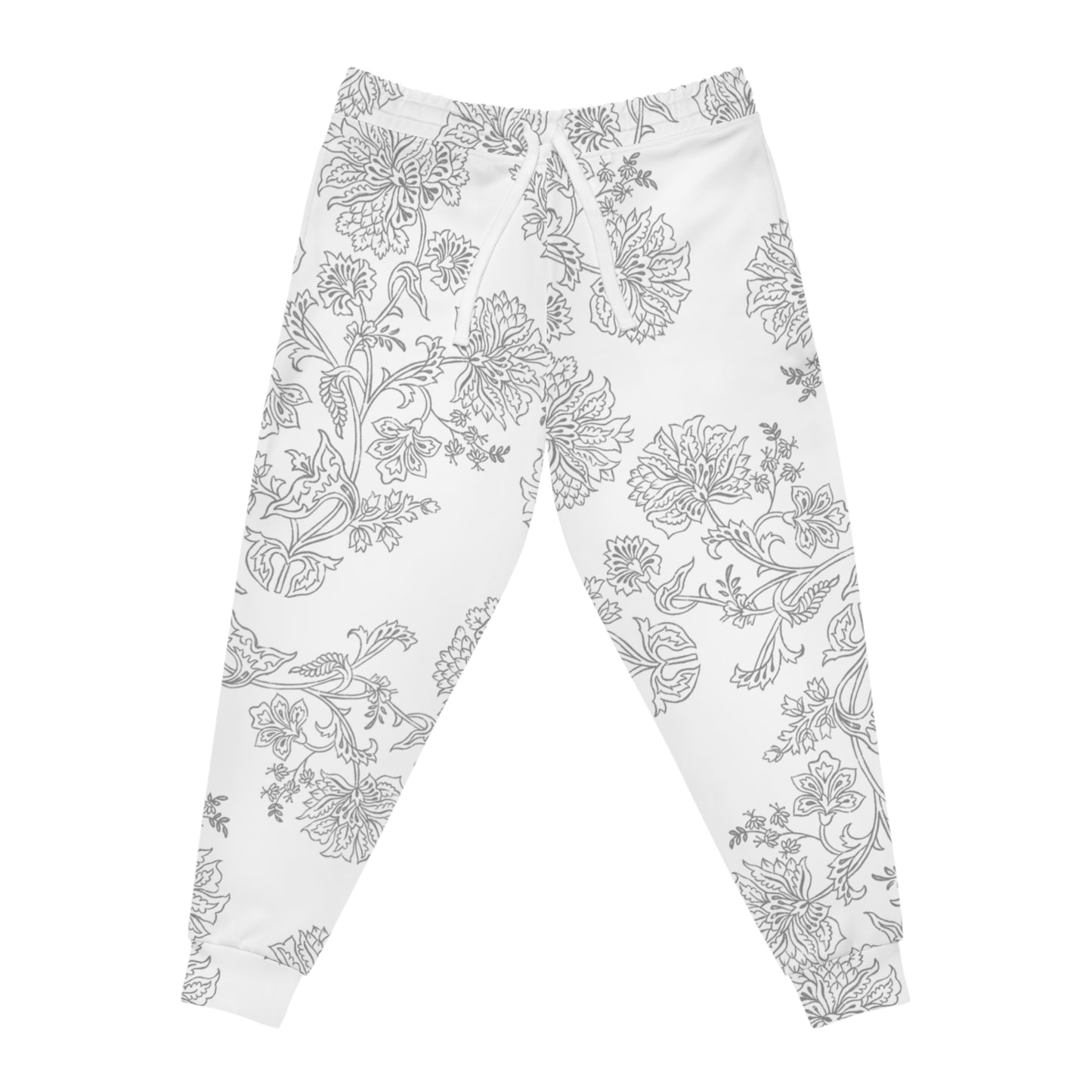 Floral Lace Pattern Joggers — White & Grey All-Over Print Athletic Sweatpants
