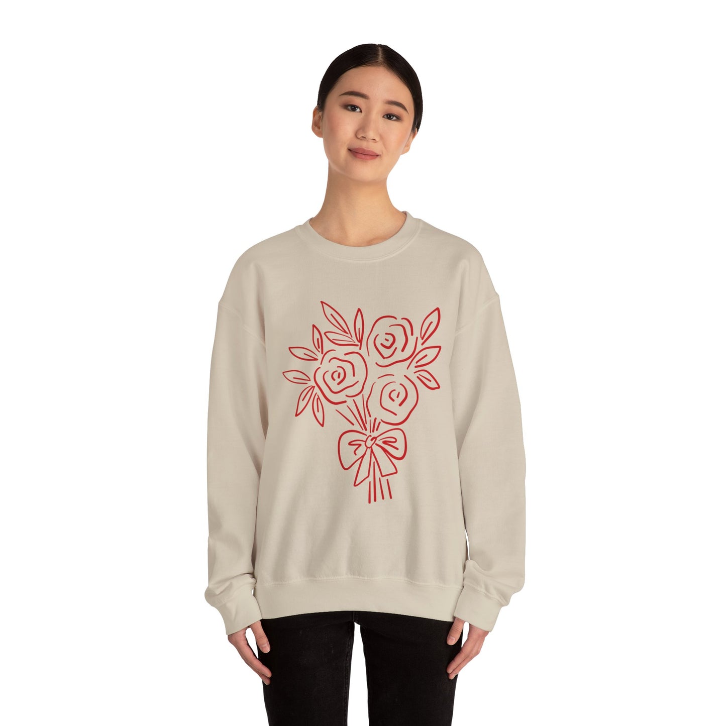 Crewneck Sweatshirt • Pink Line Art Rose Bouquet Pullover