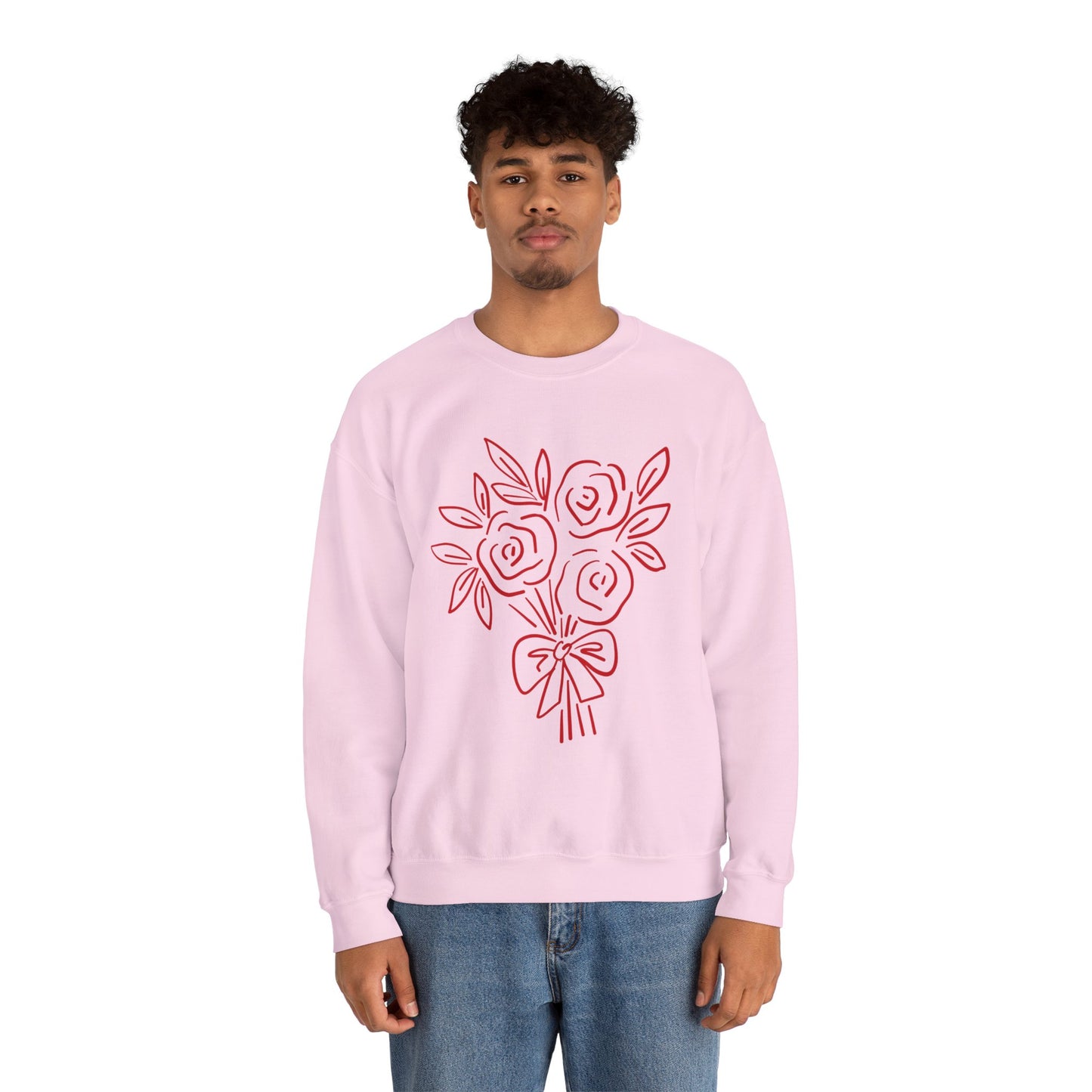 Crewneck Sweatshirt • Pink Line Art Rose Bouquet Pullover