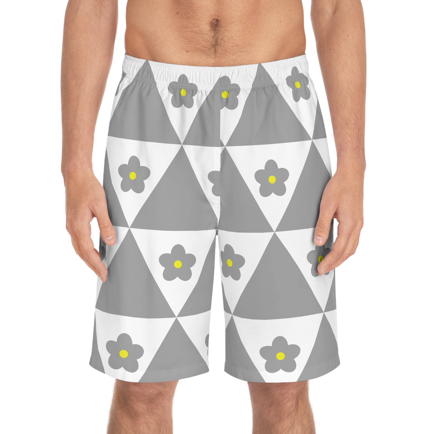 Floral Geo Board Shorts — Grey Triangle & Daisy Swim Trunks