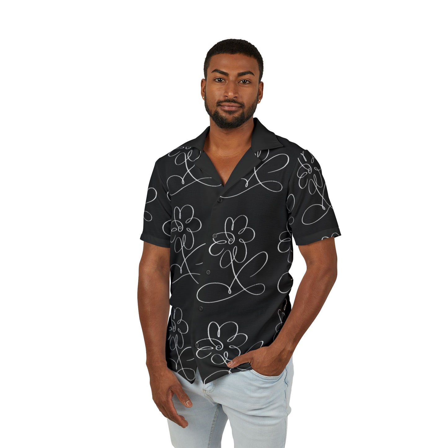 Men's Black Doodle Floral Hawaiian Shirt — Casual Camp Button-Up