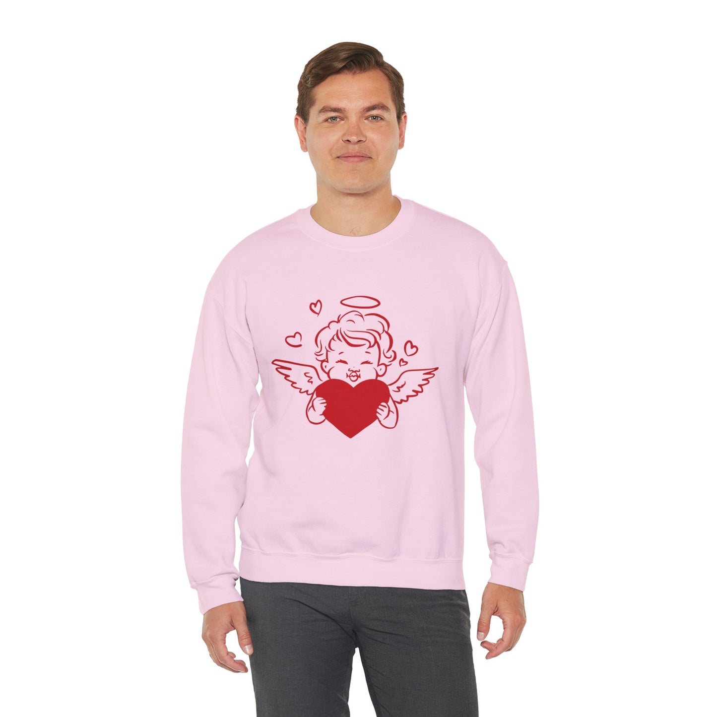 Cupid Cherub Heart Crewneck Sweatshirt — Cute Angel Holding Red Heart Valentine Pullover