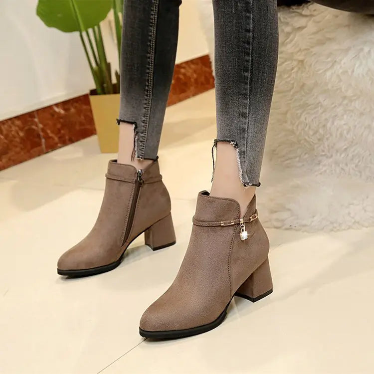 Women's Mid-Heel Boots with Thick Heel and Side Zip