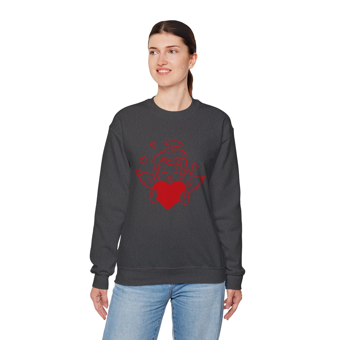 Cupid Cherub Heart Crewneck Sweatshirt — Cute Angel Holding Red Heart Valentine Pullover