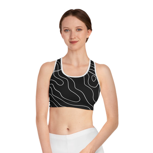 Contour Line Sports Bra — Black Topographic Activewear