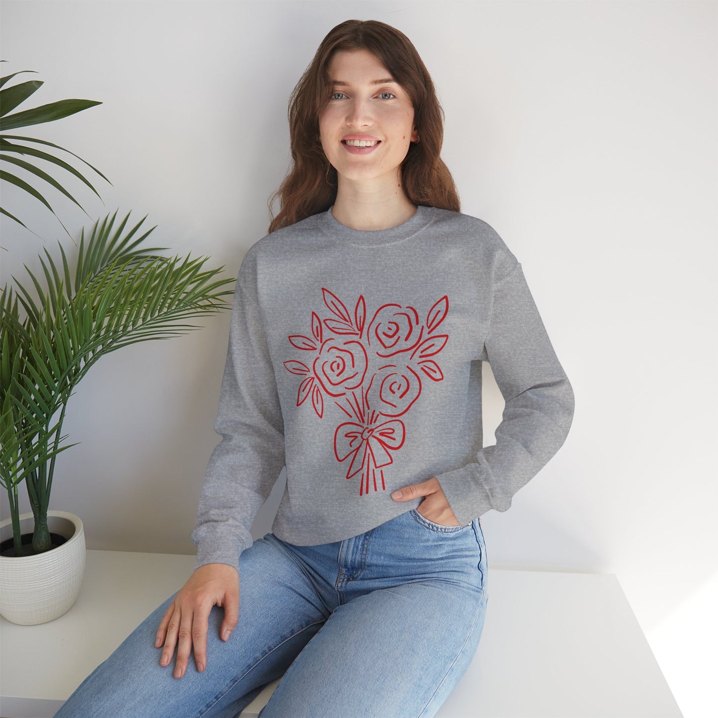 Crewneck Sweatshirt • Pink Line Art Rose Bouquet Pullover