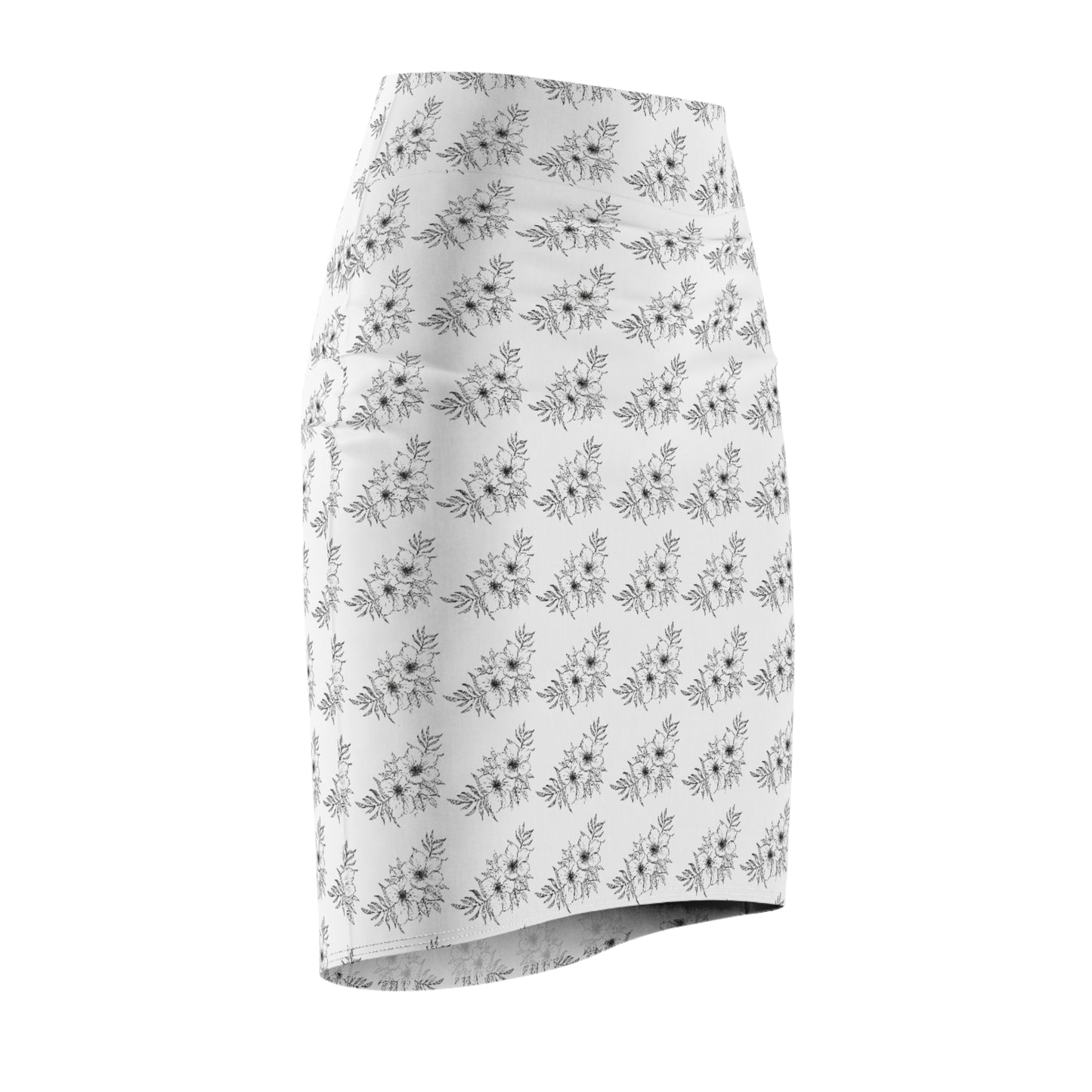 Floral Watercolor Pencil Skirt | Minimalist Gray Botanical Mid-Waist Skirt