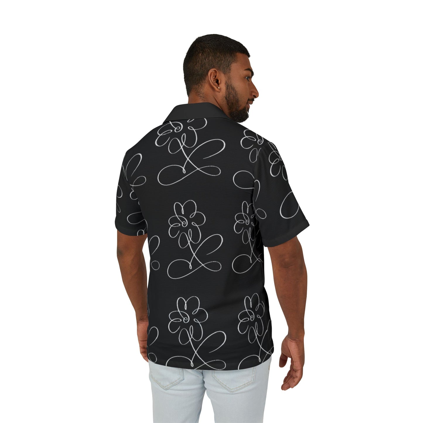 Men's Black Doodle Floral Hawaiian Shirt — Casual Camp Button-Up
