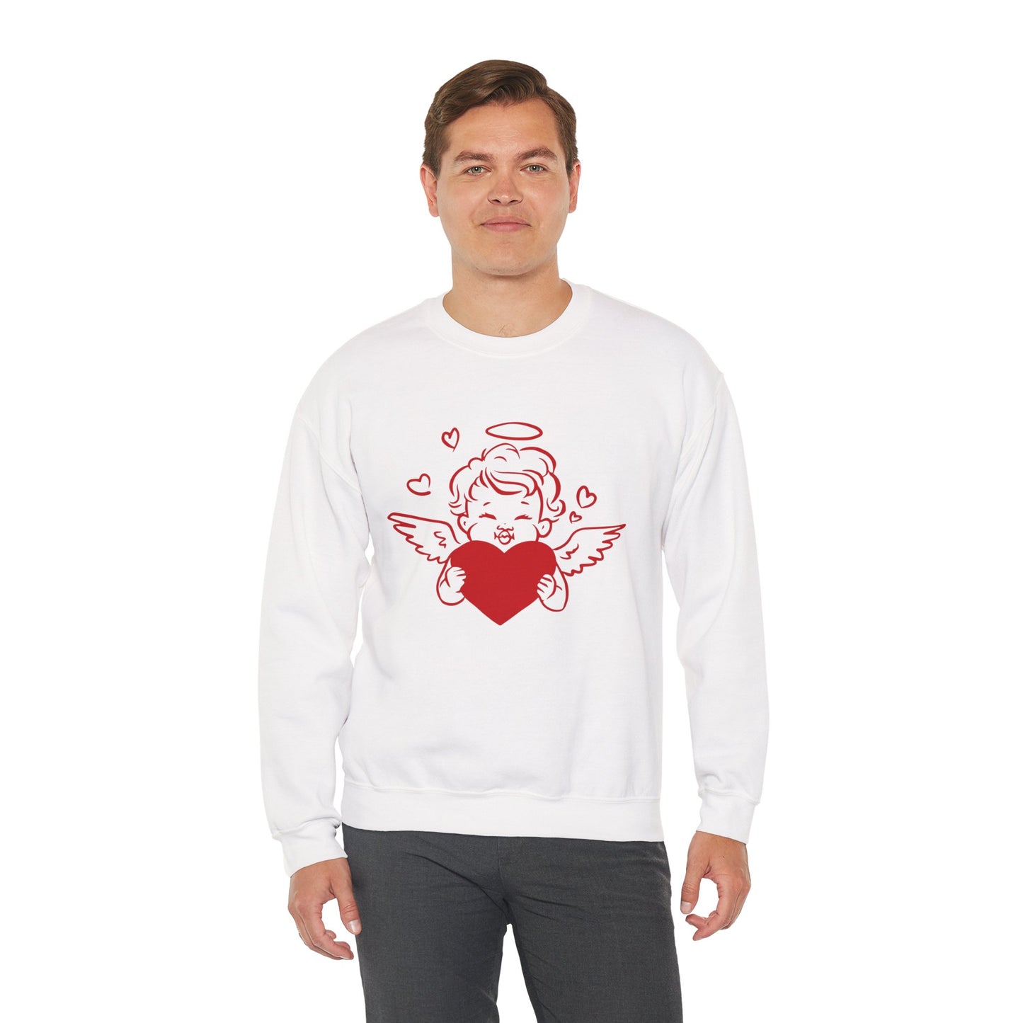 Cupid Cherub Heart Crewneck Sweatshirt — Cute Angel Holding Red Heart Valentine Pullover