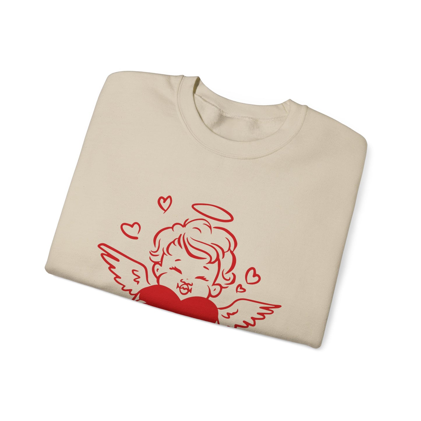 Cupid Cherub Heart Crewneck Sweatshirt — Cute Angel Holding Red Heart Valentine Pullover