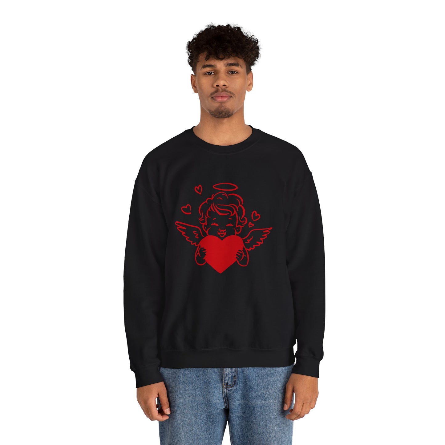 Cupid Cherub Heart Crewneck Sweatshirt — Cute Angel Holding Red Heart Valentine Pullover