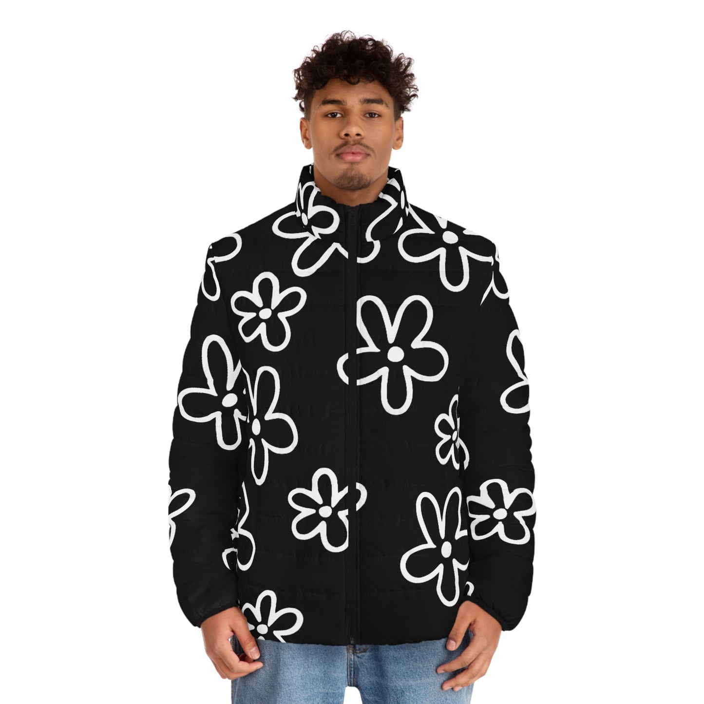 Doodle Floral Puffer Jacket — Black & White Retro Flower Coat