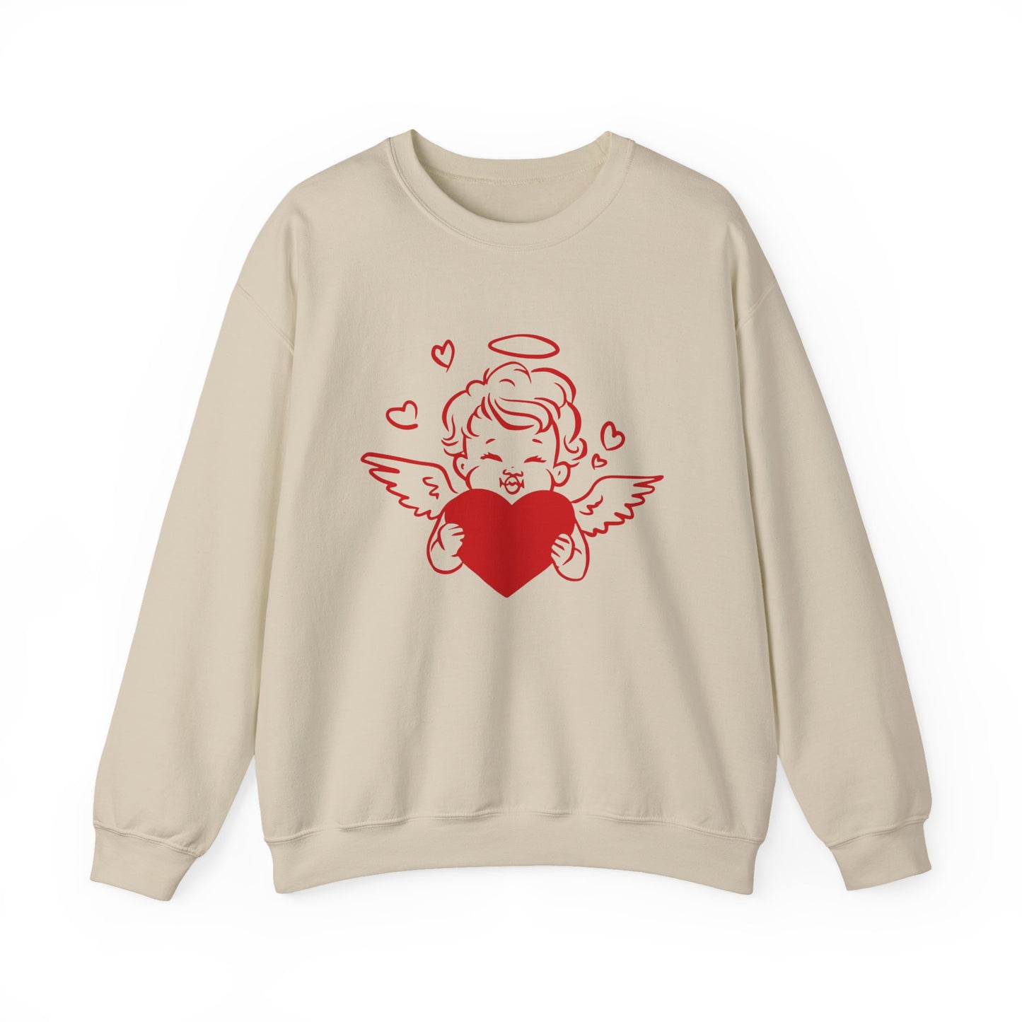 Cupid Cherub Heart Crewneck Sweatshirt — Cute Angel Holding Red Heart Valentine Pullover