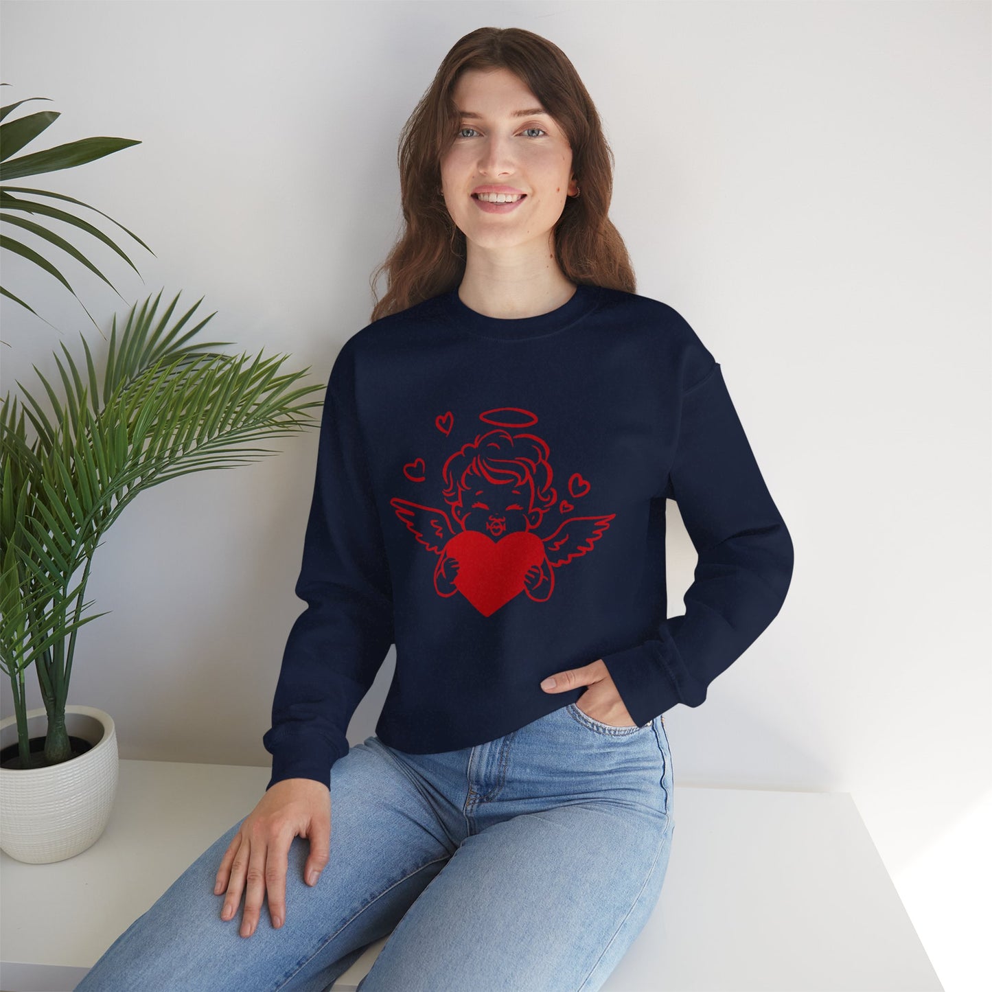 Cupid Cherub Heart Crewneck Sweatshirt — Cute Angel Holding Red Heart Valentine Pullover