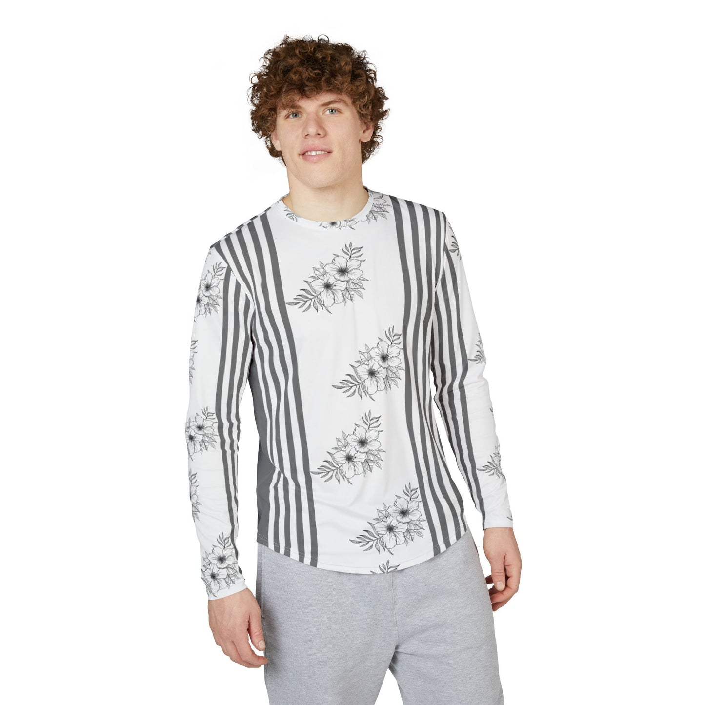 Men’s UV-Protection Long Sleeve Shirt — Monochrome Floral Stripe Performance Top
