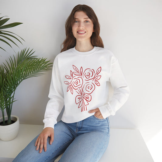 Crewneck Sweatshirt • Pink Line Art Rose Bouquet Pullover