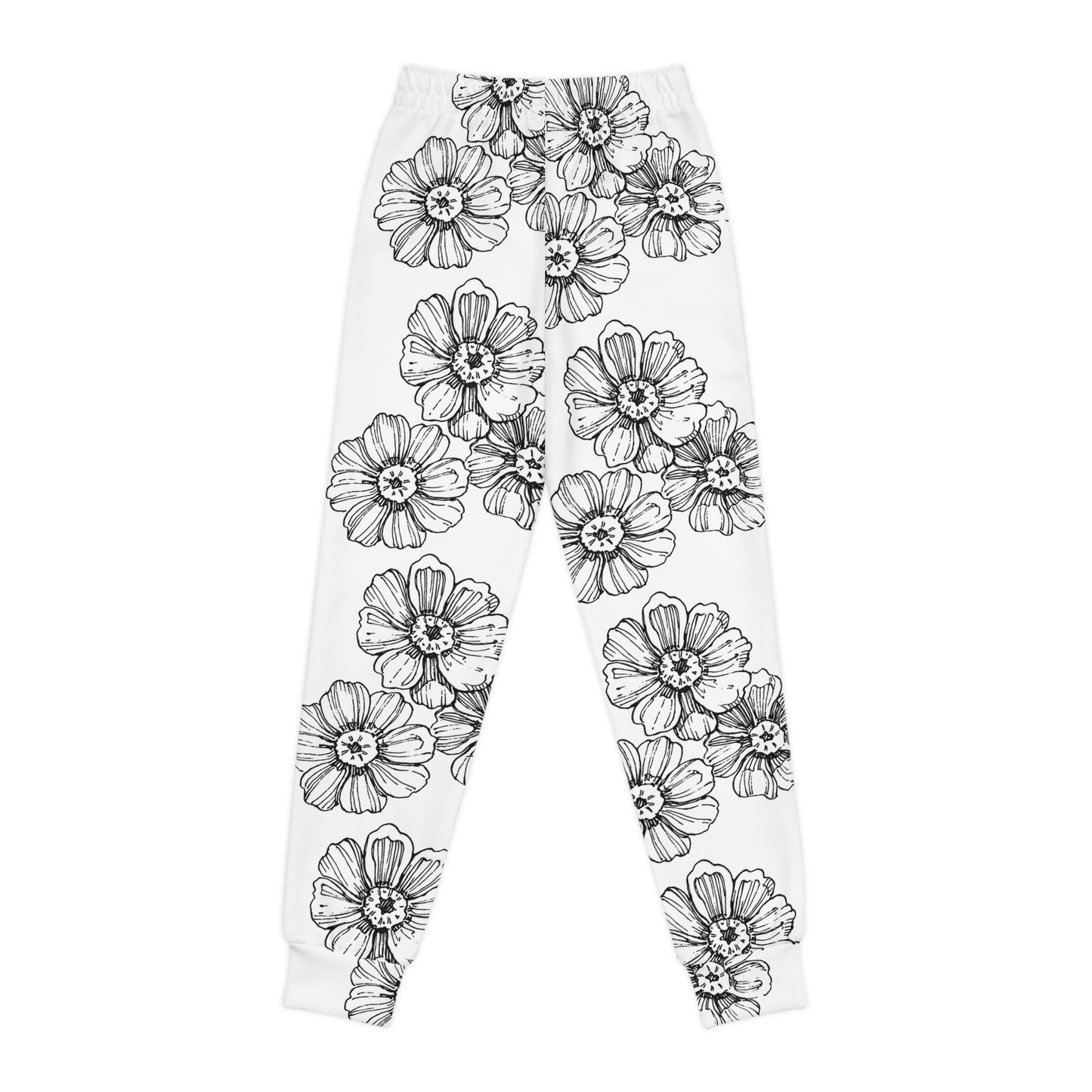 Youth Floral Joggers – Black & White Sketch Flower Minimalist Kids Pants